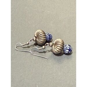 Dainty Dangle Earrings Silver Tone Ribbed Bead Blue White Porcelain Drop Boho